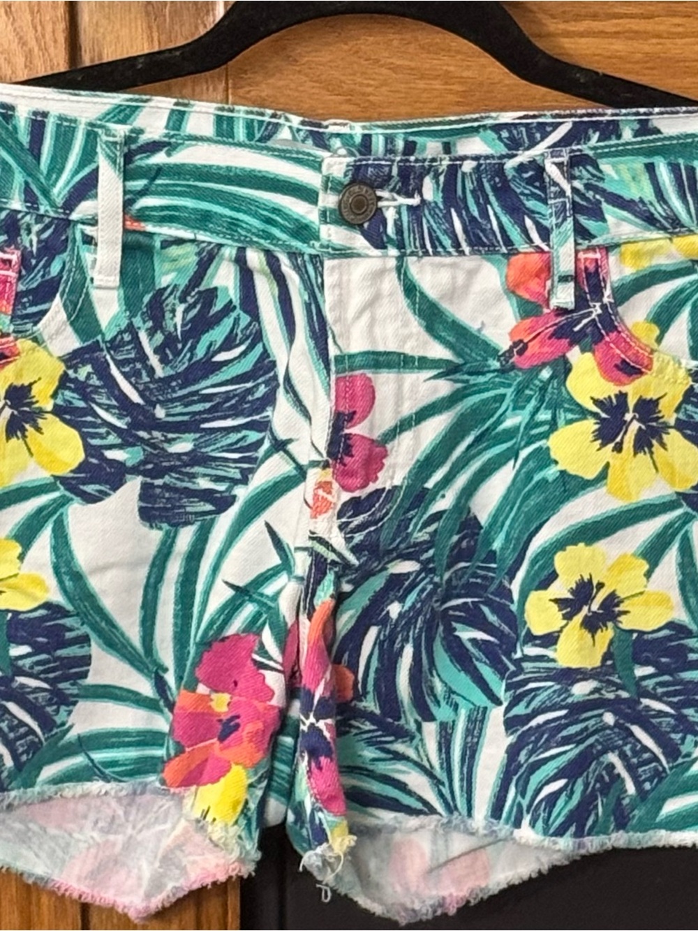 Old Navy Floral Jean Shorts in White with Green, Yellow & Pink